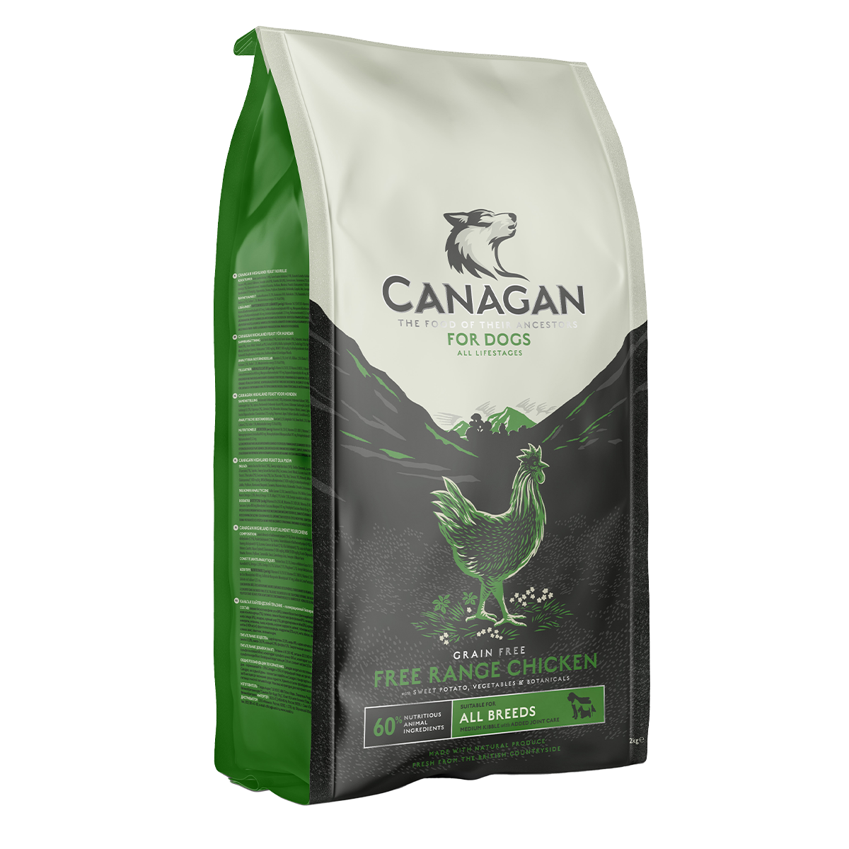 Bag of Canagan grain-free dog food, showing a white-and-green package with a rooster illustration and the label 'CANAGAN FOR DOGS FREE RANGE CHICKEN'