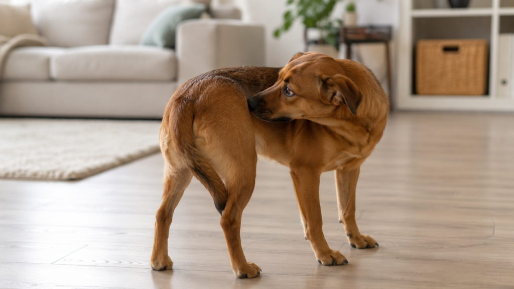 おしりを気にして振り返る犬