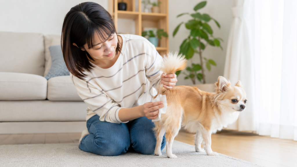 犬のおしりまわりをティッシュでケアする飼い主
