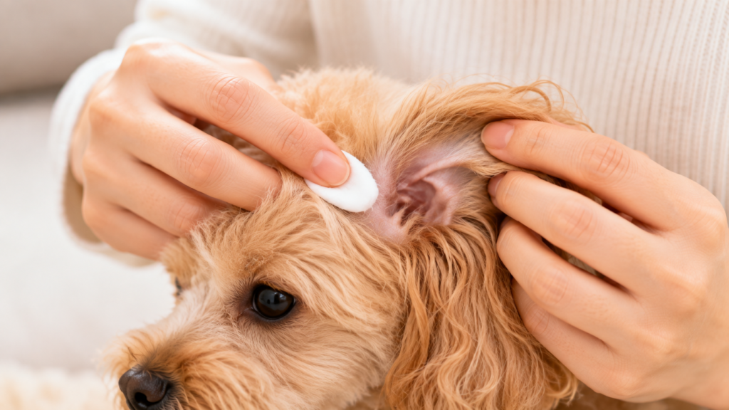 コットンで犬の耳を優しく拭く耳そうじ