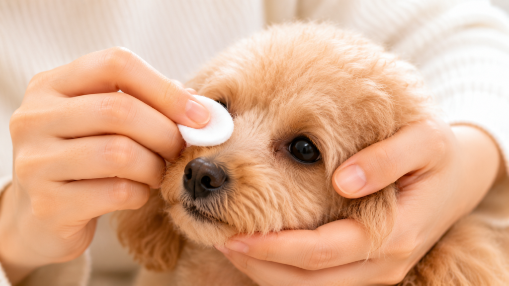 犬の目元を優しく拭くケア