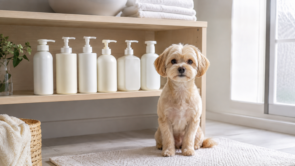 犬用シャンプーのボトルと犬