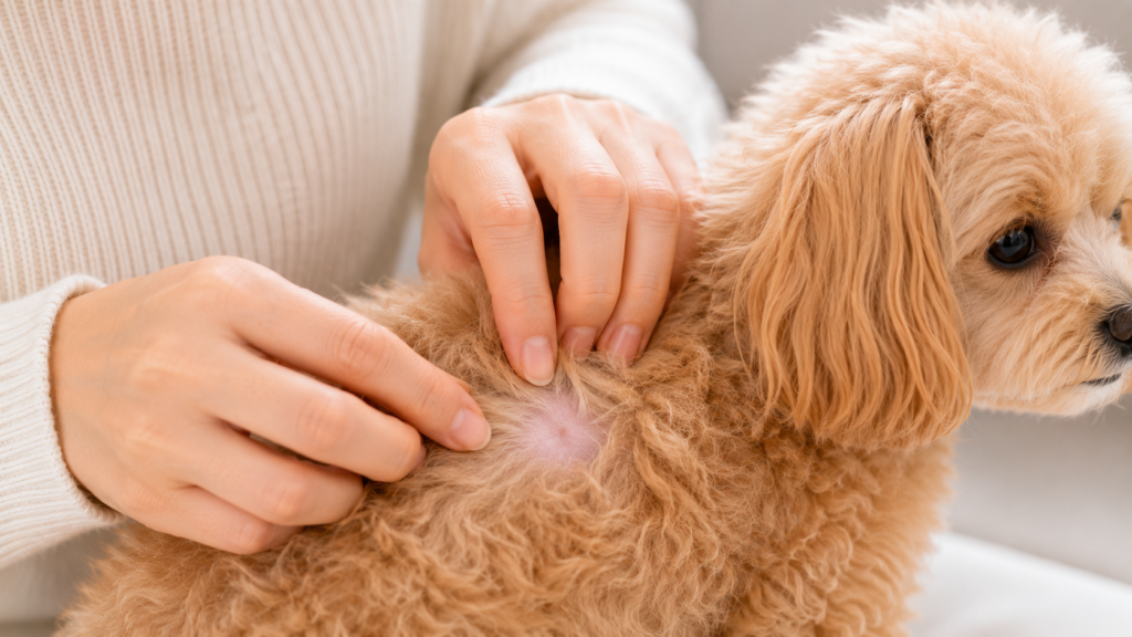 犬の皮膚と被毛の状態をチェックする様子