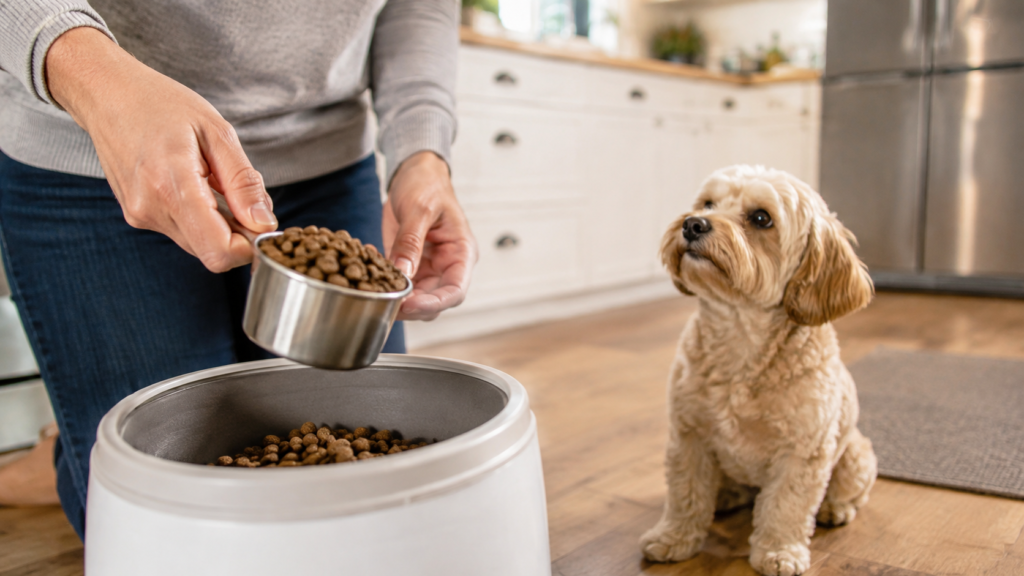 health-obesity-03 | DOG-NAVI 計量カップでドッグフードの量を正確に量る様子