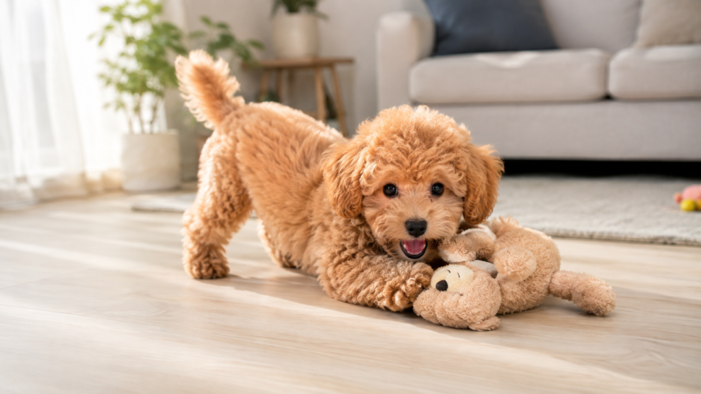 リビングで元気に遊ぶ子犬