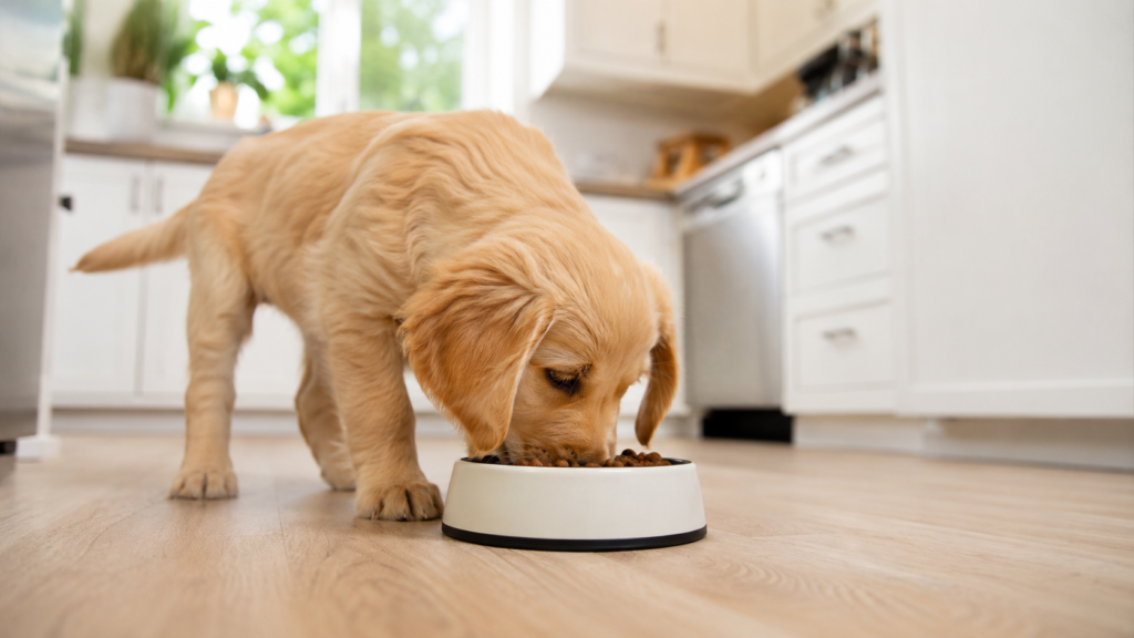 フードボウルでごはんを食べる子犬