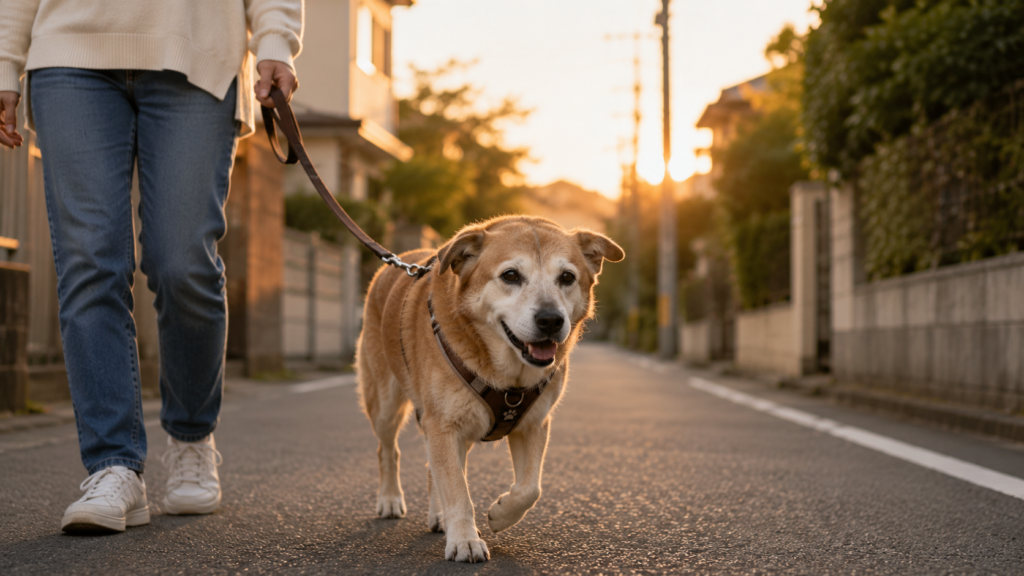 シニア犬とゆっくり散歩する飼い主