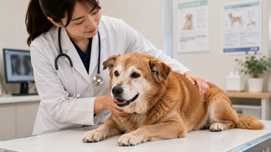 動物病院で健康診断を受けるシニア犬