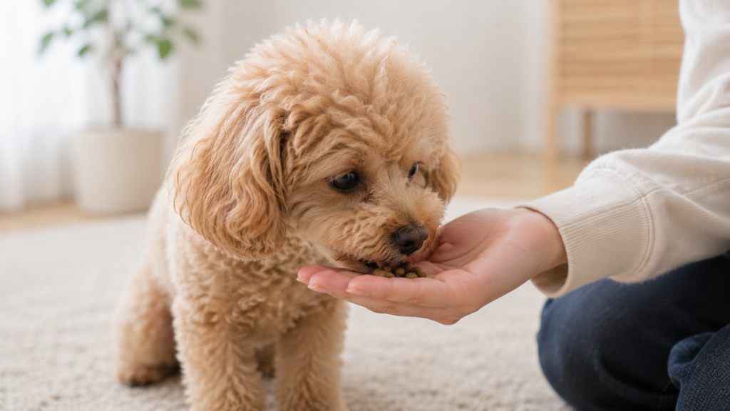 手からフードを食べる犬