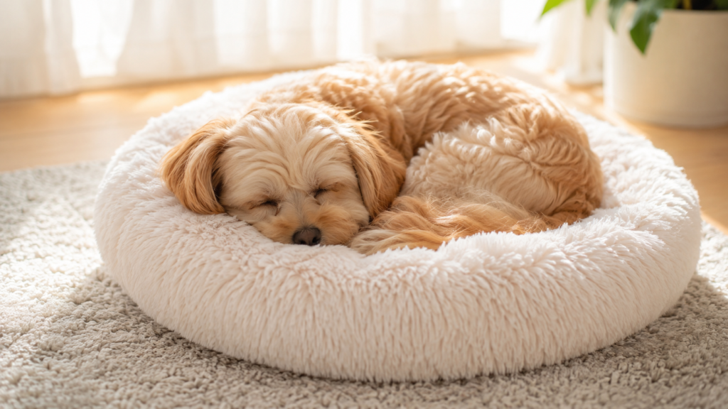 ベッドで丸まって眠る犬