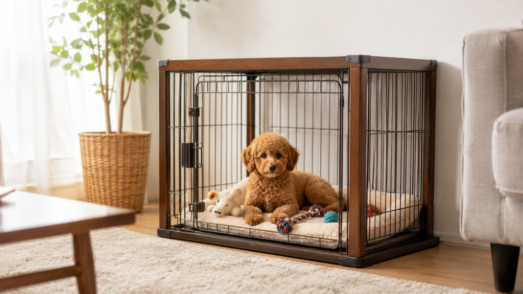 ケージの中で過ごす子犬