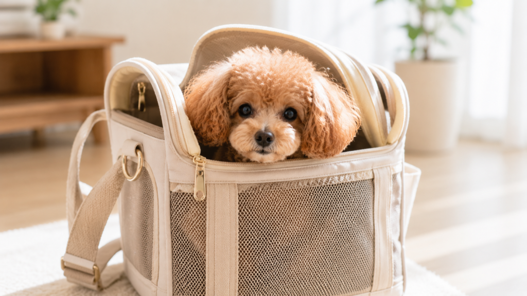 キャリーバッグから顔を出す小型犬