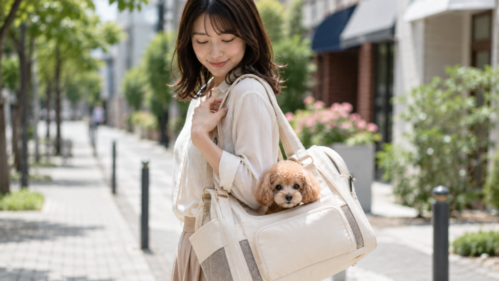 キャリーバッグで犬を運ぶ飼い主