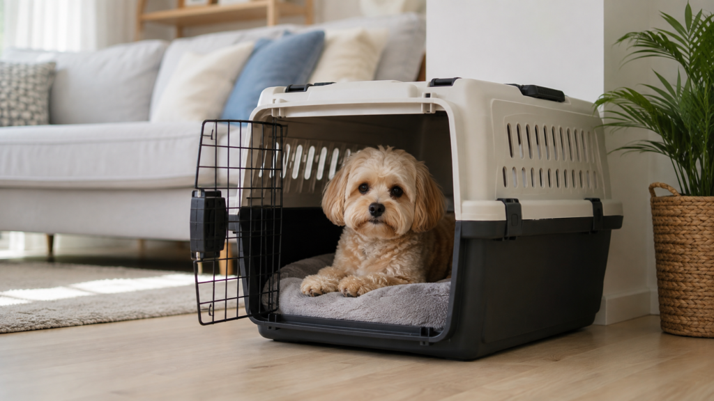 sgf-crate-01 | DOG-NAVI クレートの中でくつろぐ犬
