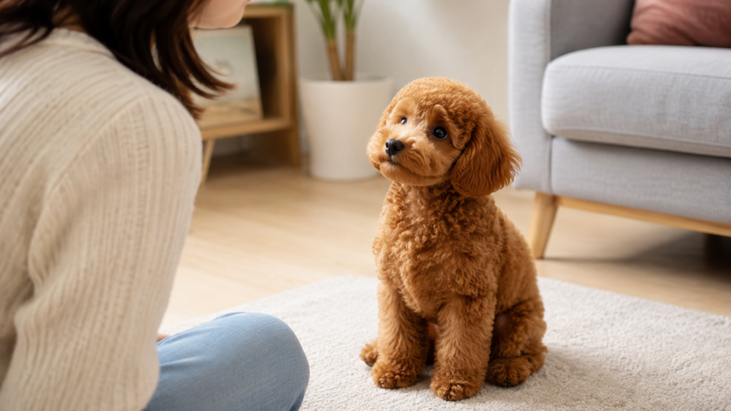 飼い主とアイコンタクトする子犬