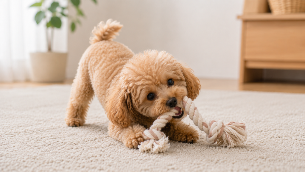 おもちゃを噛んで遊ぶ子犬