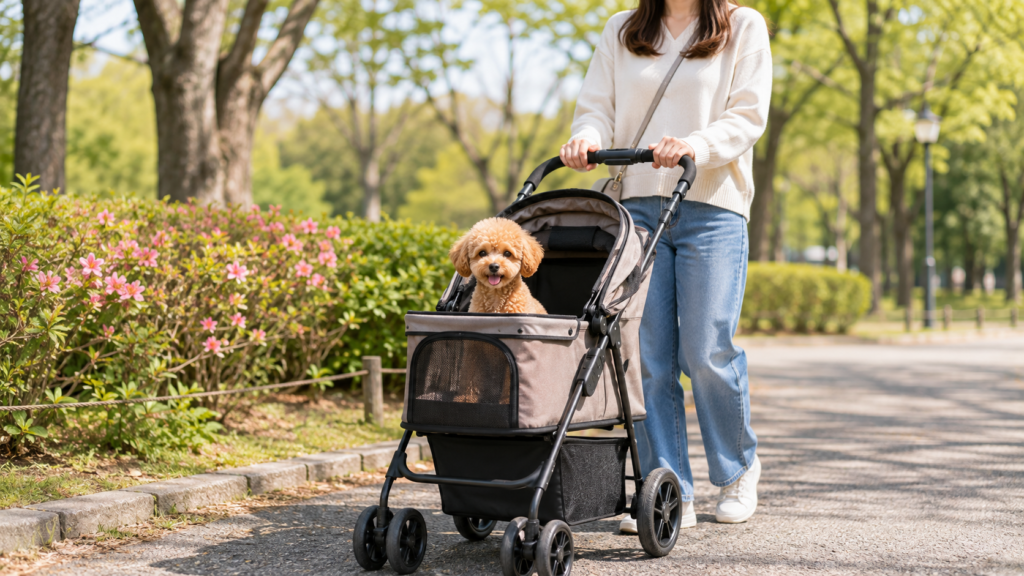 ペットカートで散歩する犬と飼い主