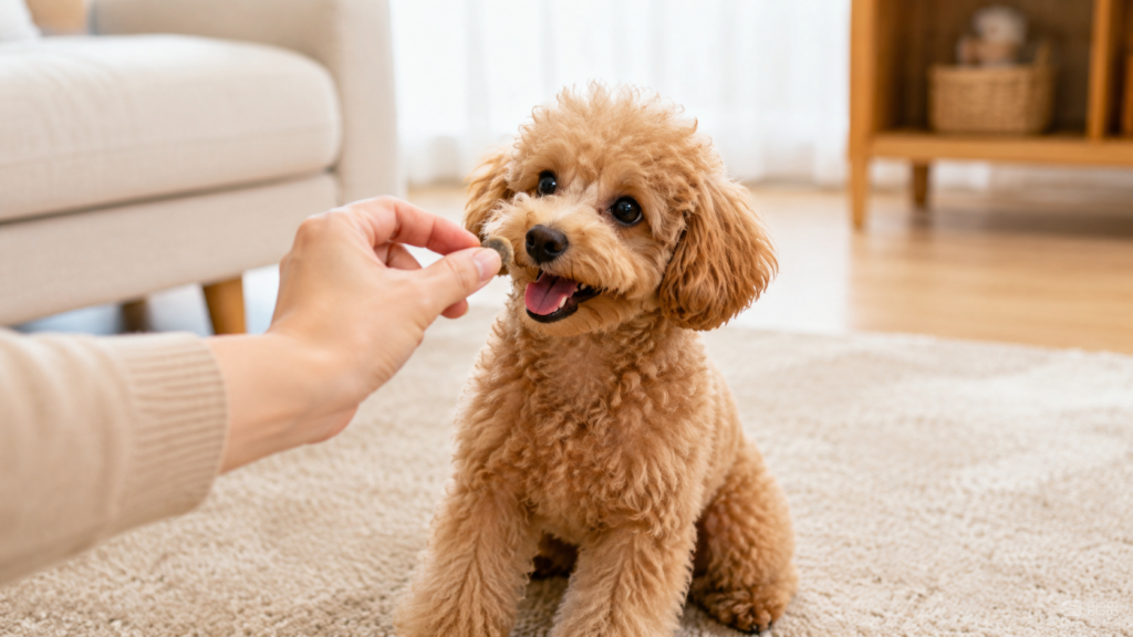 ご褒美をもらう子犬