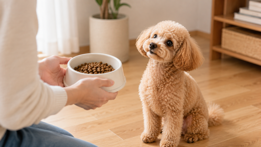 フードを選んで与える飼い主と犬