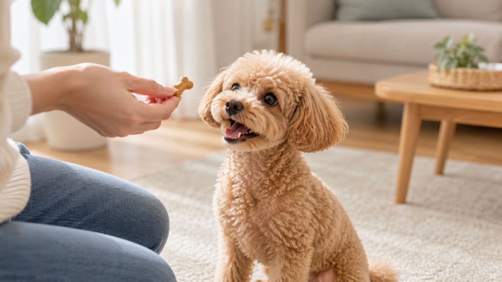 おやつをもらう犬