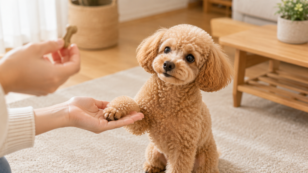 お手をしておやつを待つ犬